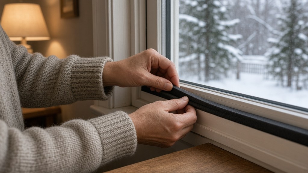 Hands fitting a dark foam draft-proofing strip along the edge of a window frame, with a snowy view outside