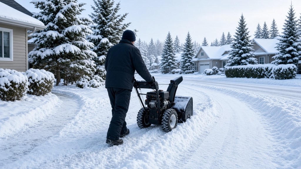 A person in a dark winter jacket guiding a two-stage snow blower down a snowy suburban driveway